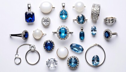 A beautifully arranged flat lay showcases a variety of silver jewelry pieces adorned with blue and white gemstones.