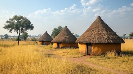 Fototapeta premium Sudanese conical thatch huts in sunlit savanna