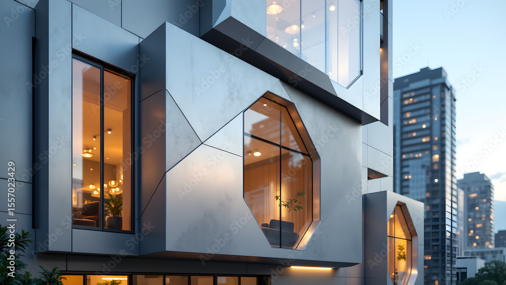 Poster modular architecture. clean lines & metallic surfaces define this modern building facade. innovative