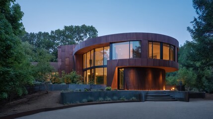 Obraz premium Asymmetrical modern house with curved copper walls embedded LEDs blue hour lighting with warm glows windows precise depth