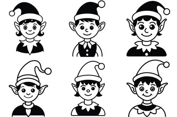 Collection of six cartoon elf faces wearing santa hats and festive collars