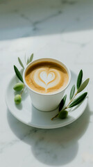 A Beautifully Crafted Cappuccino with Heart Latte Art Garnished with Fresh Olive Branches and Olives on a White Saucer with Natural Light Creating Shadows and Highlights