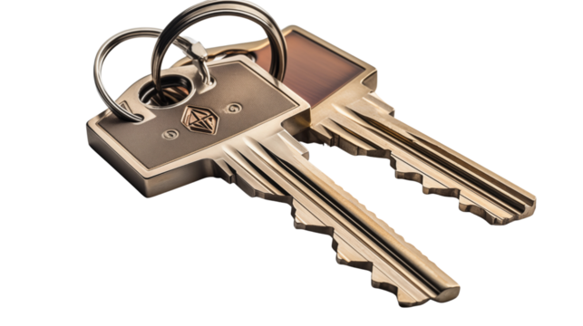Two shiny metal keys on a keyring present a concept of security, access and new beginnings with a metallic gleam transparent. - Powered by Adobe