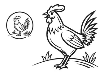 Fototapeta premium Rooster Illustration Line Art Drawing of a Farm Animal