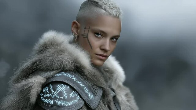 Fantasy Viking Portrait with Glowing Runes and Misty Background