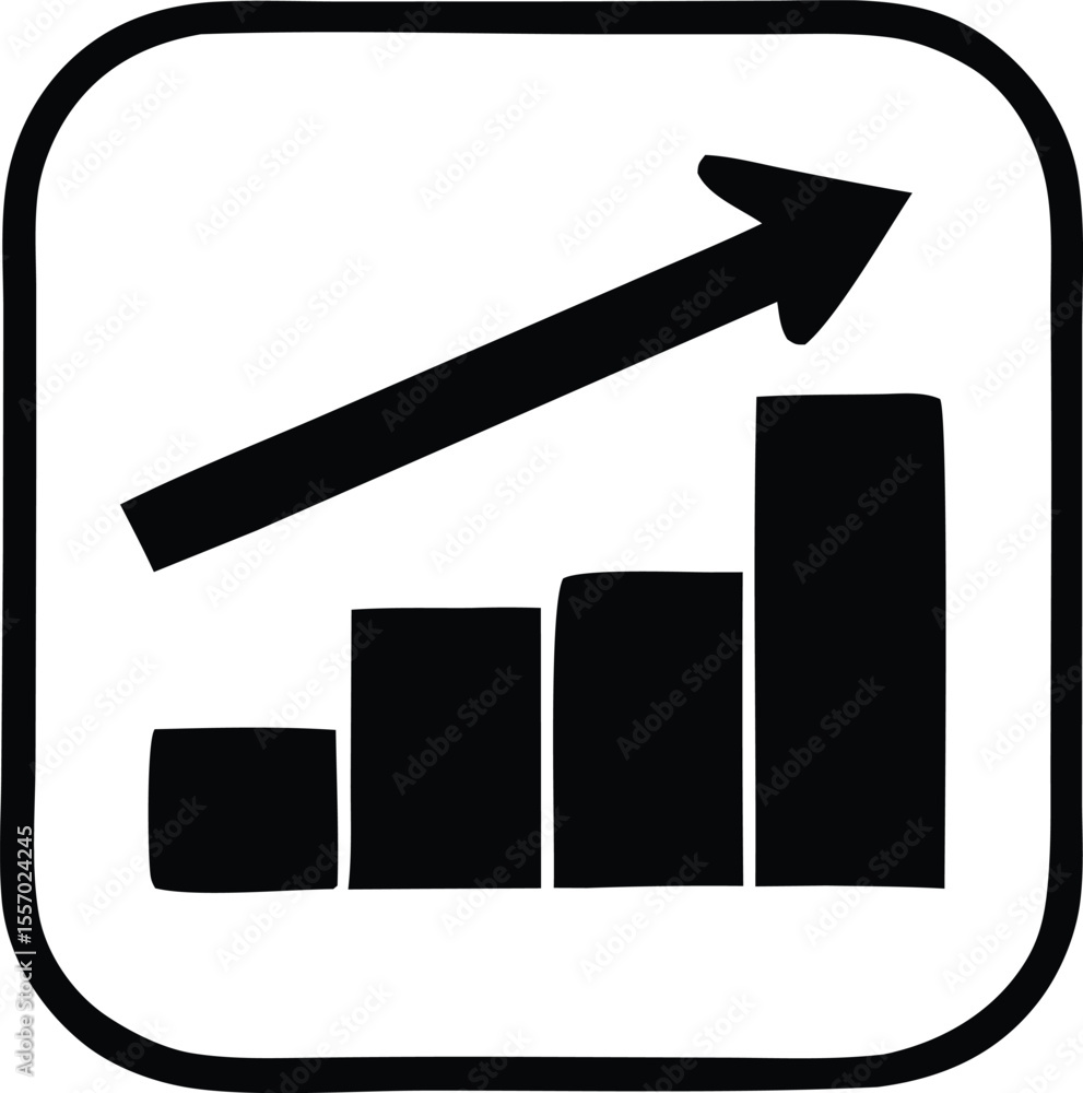 Poster hand drawn style bar graph with upward arrow in black and white representing growth progress and pos