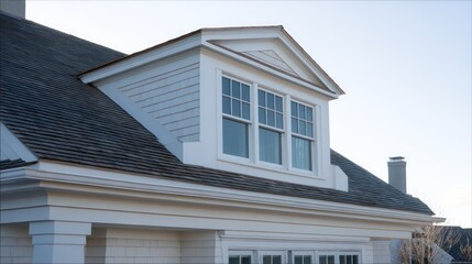 Classic Cape Cod dormer detail with high side light fine contrast in white trim molding low saturation film-style