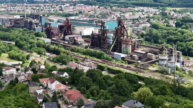 vue a&eacute;rienne des anciens hauts fourneaux d'Hayange dans la vall&eacute;e de la Fensch en Lorraine.