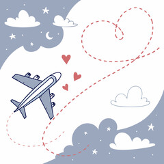 Romantic Airplane Flight Love is in the Air, Travel Illustration
