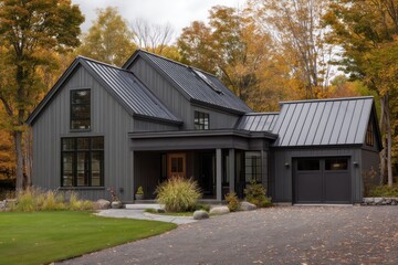 A modern Cape Cod home with dark gray siding metal roofing set against a backdrop of autumn trees