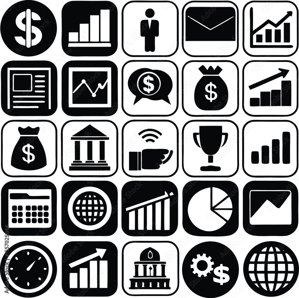 Poster black and white business and finance icon set a comprehensive collection of essential symbols for fi