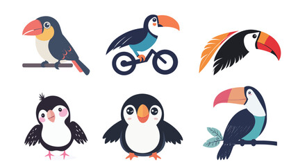 Obraz premium Adorable vector illustration of a cute toucan with colorful beak and simple stylized features, perfect for children's designs, educational materials, tropical wildlife themes, 