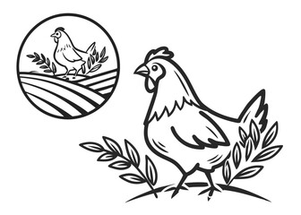 Fototapeta premium Farm Fresh Chicken Illustration Line Art Design of Hen in Rustic Countryside Setting