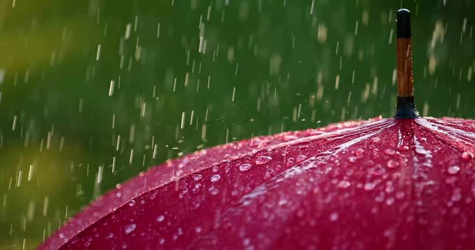 Raindrops falling on red umbrella close-up. Slow motion