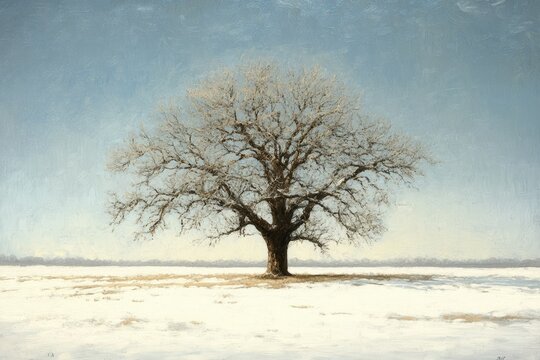 A lone, leafless tree stands resilient in a snowy, tranquil landscape under a pale sky. - Powered by Adobe