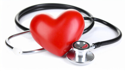 Red Heart with Stethoscope on White Background – Symbol of Heart Health, Medical Care, and Cardiovascular Awareness Representing Healthcare and Wellness
