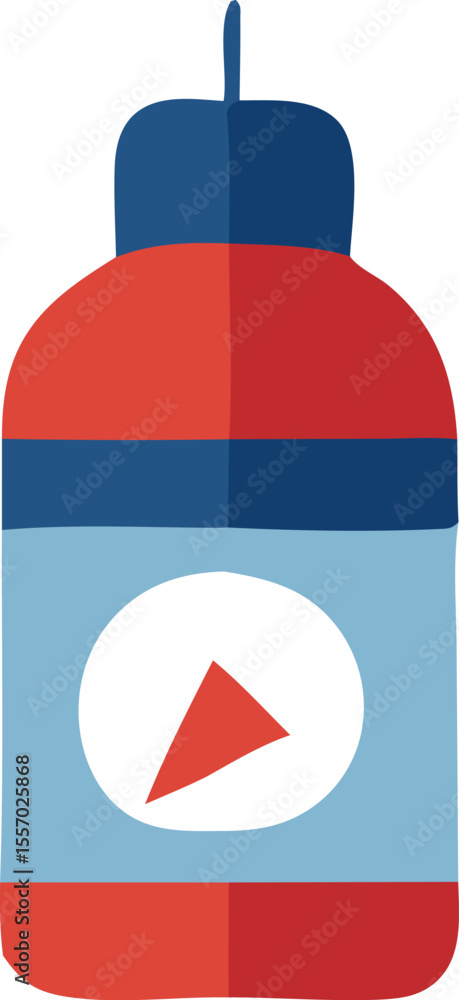 Poster stylized red and blue bottle with triangle logo featuring a simple design and a playful modern aesth