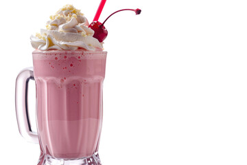 Delicious pink milkshake with cherry and cream topping served in glass on white background