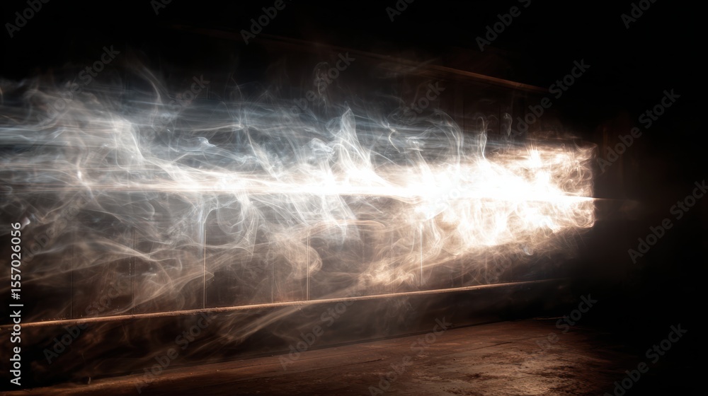 Poster mysterious light beam piercing through dark space, creating an enchanting visual effect with smoke a