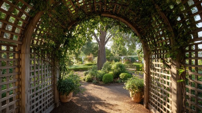 Cape Cod home viewed across garden trellis arch volumetric sunlight piercing lattice background softly hazed with natural occlusion