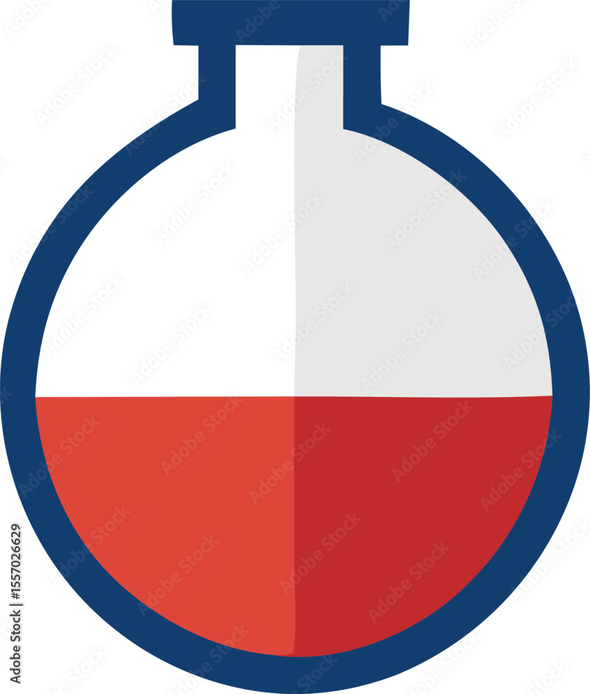 Poster stylized round bottom flask with two tone filling and blue outline representing chemistry science or