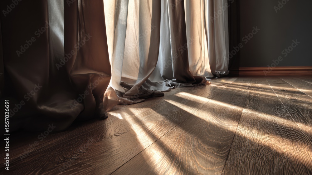 Poster soft sunlight filters through elegant curtains, creating warm patterns on a wooden floor.