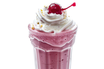Sweet cold milkshake with cherry and whipped cream on clear surface ready to drink