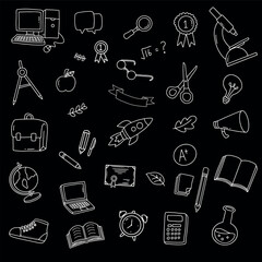 Back to school and education doodle elements in black background