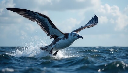 Fototapeta premium Seagull skimming ocean waves in vibrant flight