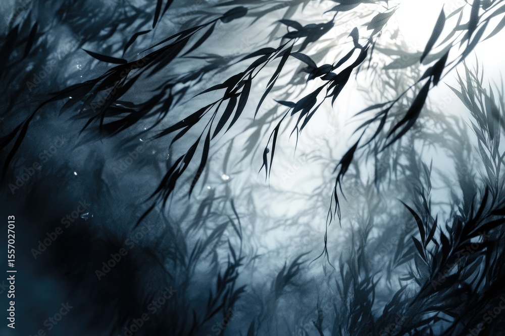 Poster silhouetted aquatic plants sway gently in hazy underwater scene, creating a mysterious and ethereal 