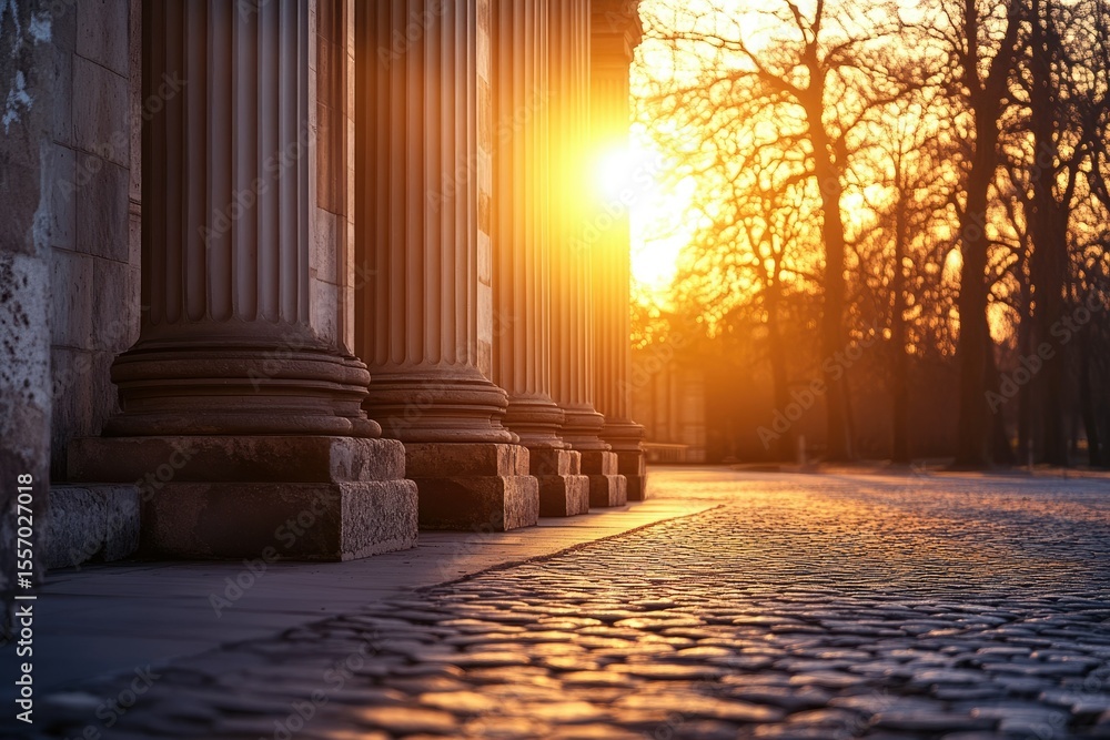 Poster Sunset illuminates stone columns lining a cobblestone path, creating a serene and majestic scene.