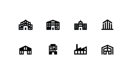 Vector art of a set of eight different building icons, including office buildings, factories, and warehouses, isolated on white background