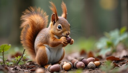 Squirrel gathering acorns in lush setting