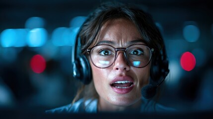 This tense moment captures a concerned woman in a headset, signifying focus and urgency in a work environment, portraying dedication and the challenges faced in communication roles.