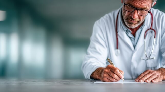 A doctor in a white coat carefully writes on a notepad in a modern clinical setting, emphasizing the importance of healthcare, professionalism, and patient engagement.