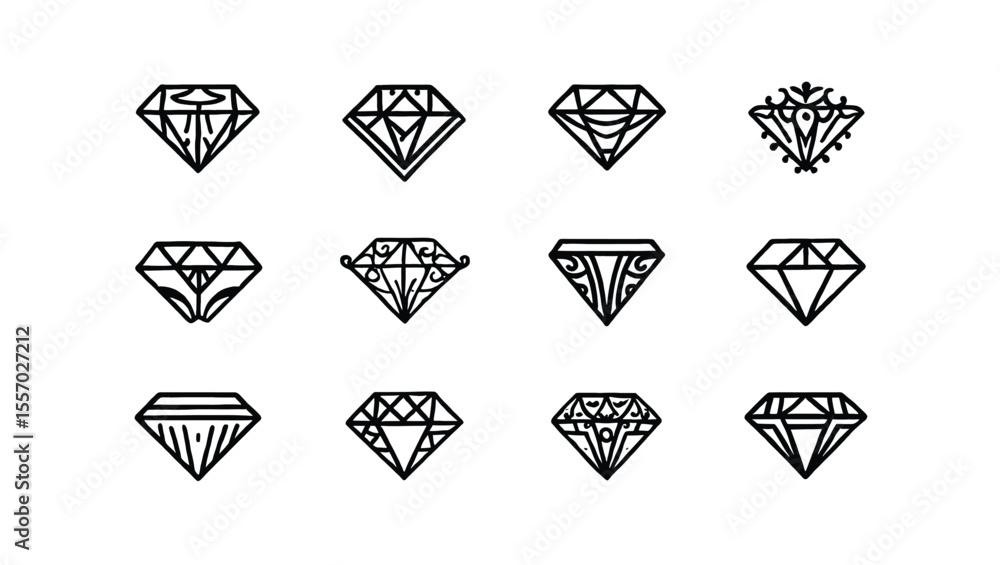 Poster vector art of twelve unique diamond icons isolated on white background, each with intricate line pat