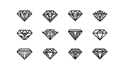 Vector art of twelve unique diamond icons isolated on white background, each with intricate line patterns and geometric shapes, perfect for logo design or branding