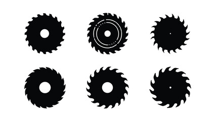 Vector art of six different circular saw blades, isolated on white background, depicted as black silhouettes, ideal for industrial or construction themes