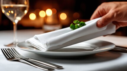 An elegant dining setup displays a finely folded napkin garnished with a fresh herb, complemented by glossy cutlery and a warm ambiance provided by soft, glowing candlelight.