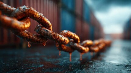 An up-close view of rusty chain links characterized by dripping water in an industrial setting, embodying themes of decay, strength, and resilience amidst urban landscapes.