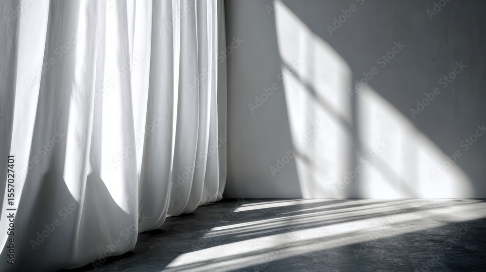 Poster stunning white curtains draping elegantly, creating soft shadows on an open wall in a minimalist int