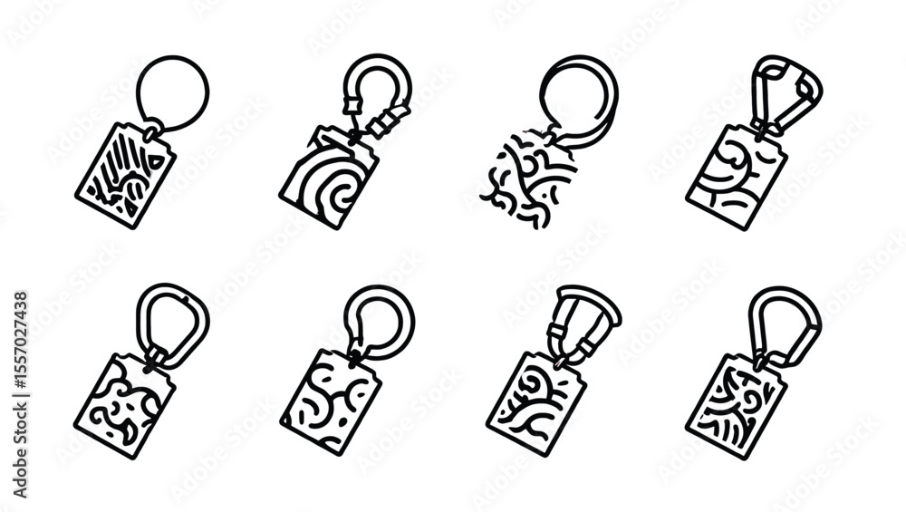 Poster vector art of eight different lanyard badge holders with various abstract patterns, isolated on whit