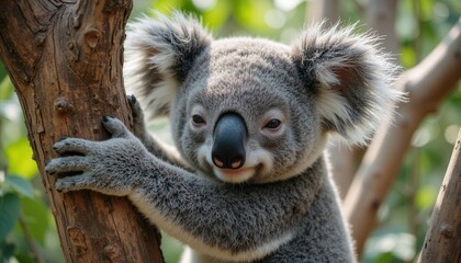 Naklejka premium Koala perched on tree branch in sunlight