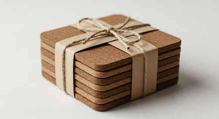 Cork coasters gift set brown tied string stack design presentation