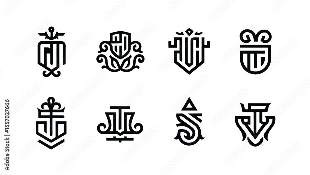 Aufkleber vector art of a collection of eight unique vector logos featuring various letter combinations and de