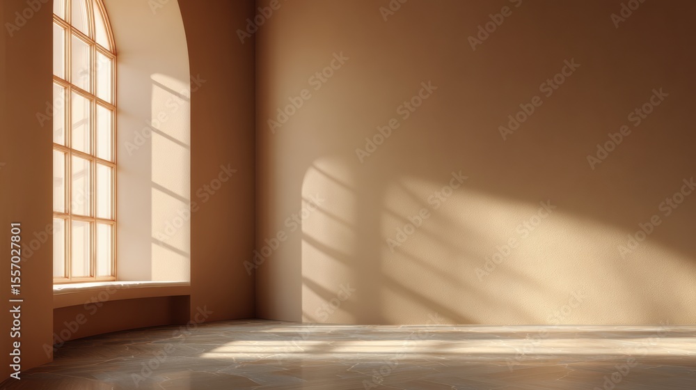 Poster sunlight streams through a spacious, minimalist interior with warm tones, creating a serene and invi