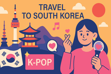 Colorful simple flat vector illustration promoting travel to South Korea for K-pop fans and culture lovers. Saranhae or Sarangeo, a symbol of love from Korea. A symbol of expressing love
