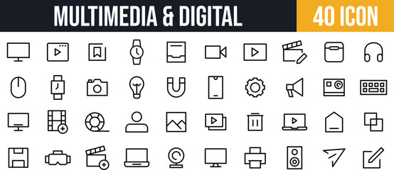 Multimedia & Digital Device Icon Pack. Video, Audio, Camera, Monitor, VR, Tools & Media Management icon set.