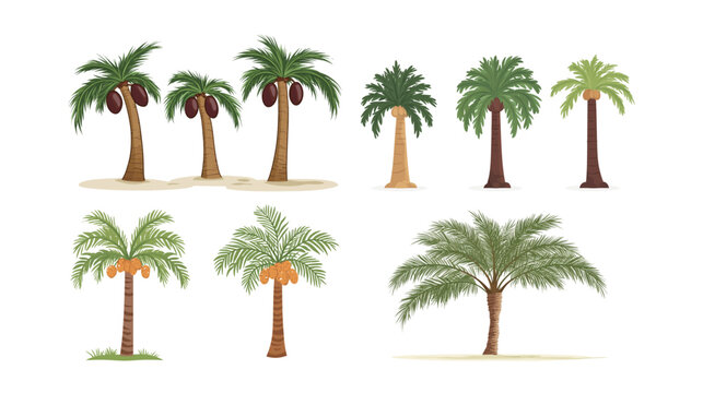 Single date palm tree with detailed fronds and trunk on white background, minimalist tropical plant illustration perfect for botanical designs, Middle Eastern themes, agriculture concepts, 