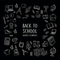 Back to school and education doodle elements in black background